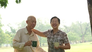 亚洲老夫妇在公园喝咖啡庆祝生活视频素材模板下载