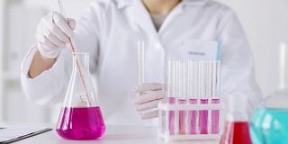 科学家用移液管、烧瓶和烧杯在实验室进行试验或研究
