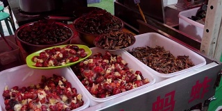 卖肉、虾、昆虫的摊位在中国亚洲