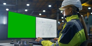 在重工业工厂里，女工业工程师在绿色模拟屏幕的个人电脑上工作。二级监视器显示蓝图。