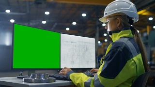 在重工业工厂里，女工业工程师在绿色模拟屏幕的个人电脑上工作。二级监视器显示蓝图。视频素材模板下载