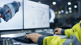 在重工业工厂里面，工业工程师的手在个人电脑上工作的特写镜头设计涡轮/发动机在3D，使用CAD程序。视频素材模板下载