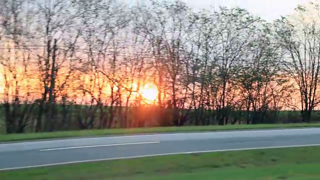 在下午的公路旅行中，在4K黄金时间的夕阳下开车时，阳光穿过树木