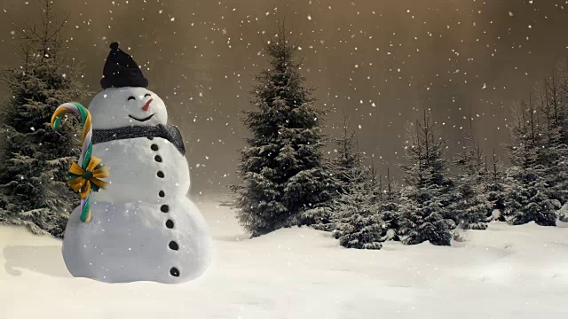 圣诞动画与雪人在森林里