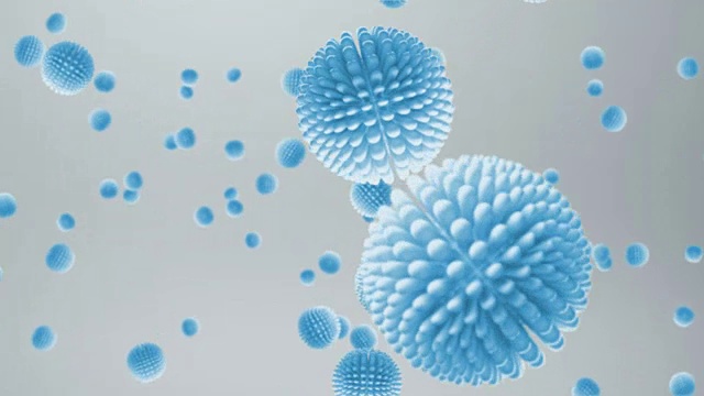 3D渲染，蓝色的细菌，病毒，细胞流动在白灰梯度背景，医疗人体保健