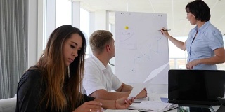 mentor near chart of business development on Whiteboard与年轻合伙人在办公室交谈