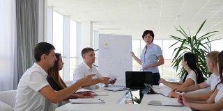 一名女性导师在白板旁拿着图表，走进会议室与同事们讨论业务发展
