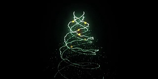 圣诞树的名片。圣诞树与闪烁的灯光和结婚圣诞标题字。循环无缝发光粒子转换成圣诞树