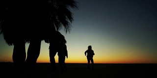 夕阳背景下的家庭游戏。孩子们和父亲在海边玩耍的剪影