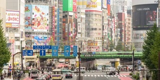 新宿穿越延时，旅游地点在日本东京，有火车在城市