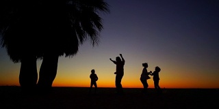 美丽的热带日落。一个四口之家在沙滩上的棕榈树下跳舞。