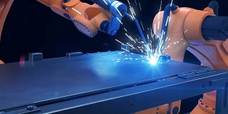 机器人在车间切割金属工艺。重工业中的高精度现代工具。自动工作。技术和工业概念。