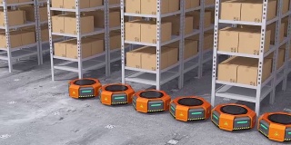 橙色的机器人搬运工在现代仓库里搬运货物