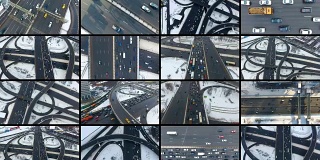 繁忙的高速公路，高速公路，高速公路，交通交汇处。拼贴16个视频。