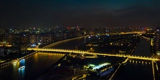 中国夜间时间广州珠江海心沙岛公园航拍全景4k时间