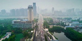 中国白天时间武汉城市景观交通街道道路航拍河滨全景4k时间推移