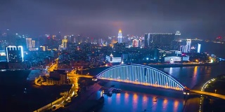 中国夜景时间照亮武汉城市景观青川大桥汉水河航拍全景4k时间流逝