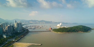 中国艳阳天珠海湾著名歌剧院岛航拍全景4k时间推移