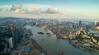 中国日落天空时间珠海城市景观澳门湾航拍全景4k时间视频素材模板下载