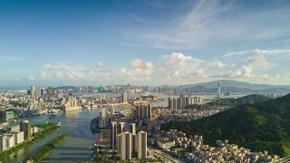 中国日落阳光明媚的一天时间珠海城市景观澳门湾航拍全景4k时间视频素材模板下载