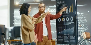 女性开发人员和男性统计人员使用交互式白板演示触摸屏查看图表、图表和增长统计数据。他们在时尚创意办公室工作。
