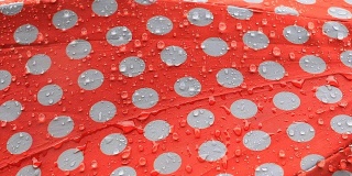 雨的水滴移动在防水织物点红白美丽的背景