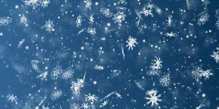 圣诞和新年无缝循环动画。圣诞雪花在深蓝色的背景。冬季仙境魔幻雪花。