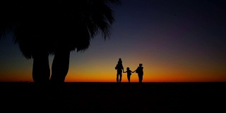 一家人沿着海边散步。成年人和两个孩子在海洋日落的背景下度过时光