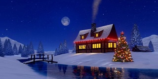 在下雪的夜晚，乡村小屋和点亮的圣诞树