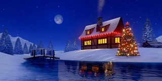 在雪夜为圣诞节装饰的乡村小屋
