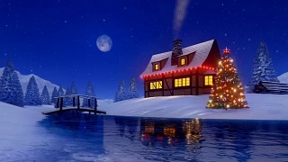 在雪夜为圣诞节装饰的乡村小屋视频素材模板下载