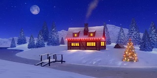 在下雪的圣诞夜照亮舒适的房子
