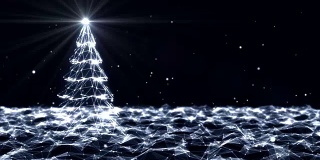 圣诞树和礼物旋转在未来技术分子抽象丛背景。圣诞和新年无缝循环动画。