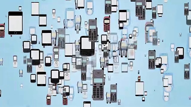 混合2d Motion graphic animation of Mobile phones evolution新旧手机，几代手机在循环中无缝循环重复。