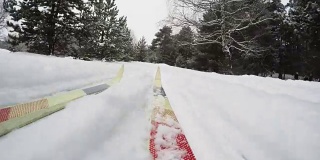 概念冬季圣诞森林。在下雪的冬天越野滑雪。冬季圣诞森林低角度视图。慢慢地下起了一场大雪。移动的摄像机安装在旧的越野滑雪板上。第一人称视角- POV