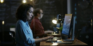 压力大、工作过度的女性金融家在用个人电脑工作时双手抱头。在后台创意办公室。