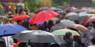 人们在繁忙的商业街撑着雨伞挡雨。真正的时间。红色的伞。人们在雨中带着雨伞上下班。模糊的散景。雨天的城市街道的自然背景