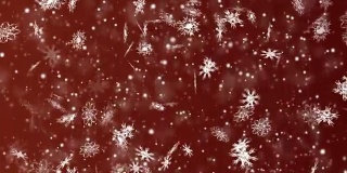 圣诞和新年无缝循环动画。暗红色背景上的圣诞雪花。冬季仙境魔幻雪花。