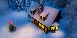 乡村小屋和圣诞树在下雪的冬夜鸟瞰图