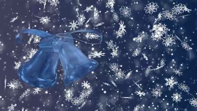 圣诞和新年无缝循环动画。蓝色背景上的圣诞雪花和钟声。冬季仙境魔幻雪花。
