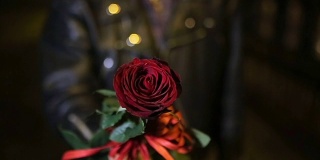 一个男人给一个女人一朵玫瑰，特写