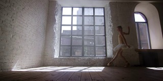 女芭蕾舞演员在阁楼风格的工作室在大窗户前训练