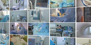 医疗场景。视频墙，多屏医学影像剪辑。