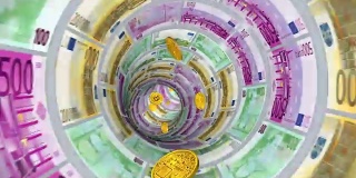 3D隧道的欧元纸币和飞回比特币