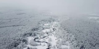4 k。在雾霾天气下，在冰冻森林中蜿蜒的河流上飞行。北方多雪的冬天。航拍全景