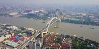 中国日上海市景交通卢浦大桥滨江航拍全景4k
