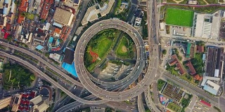 中国晴天上海市内著名的交通枢纽，俯视图4k