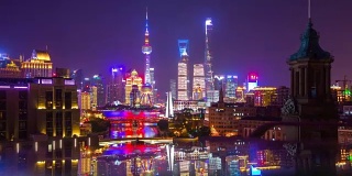夜上海市区浦东屋顶反射4k时光中国