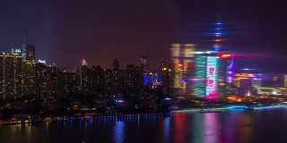 夜上海城市湾倒影屋顶全景4k时间推移中国