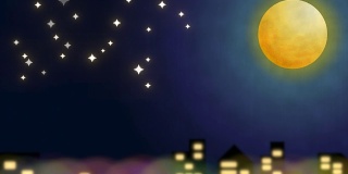 闪亮的星星和满月在城市